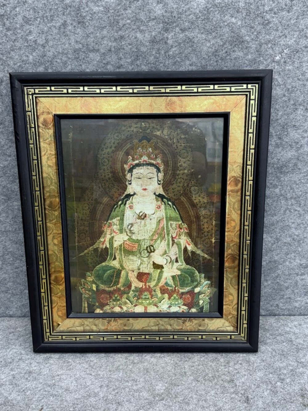 Vintage Oriental Buddhist Art Print Framed Seated Quan Yin Bodhisattva Goddess